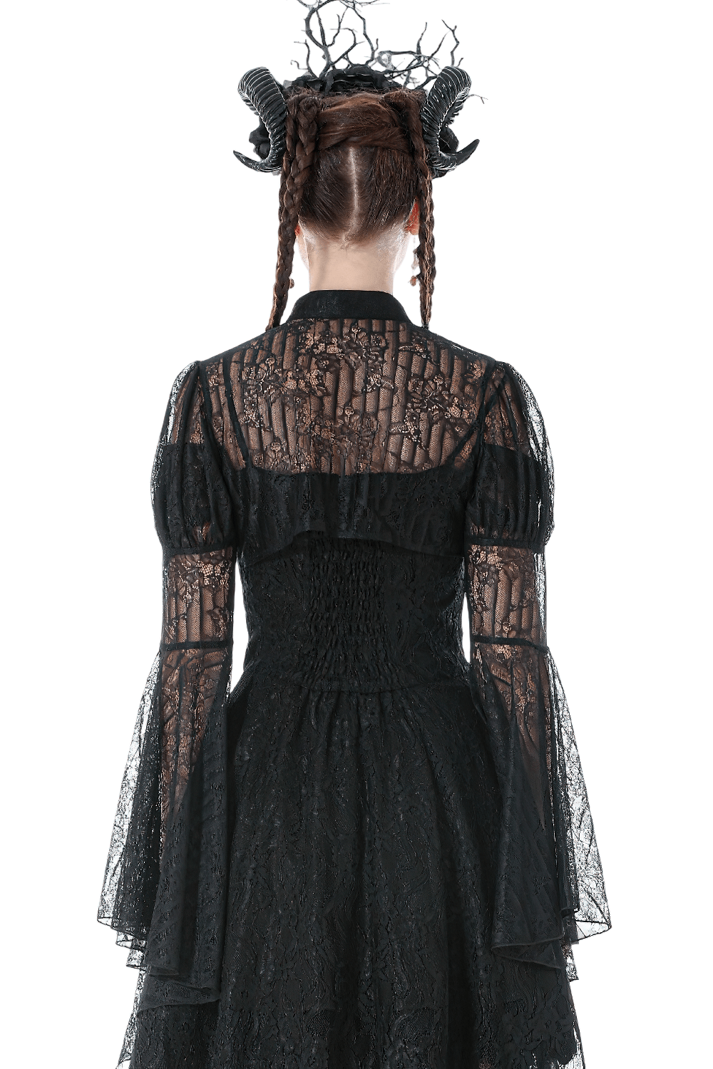 Goth Lace Bolero Shrug with Dramatic Long Bell Sleeves back view showcasing sheer floral lace and dramatic sleeves.