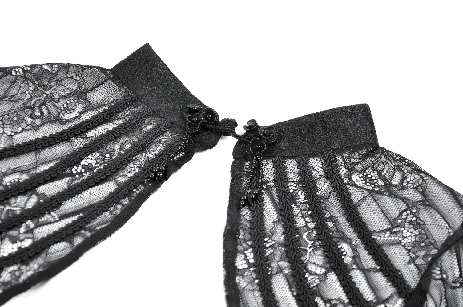 Goth Lace Bolero Shrug with Dramatic Long Bell Sleeves showcasing intricate floral lace and mandarin collar detail.