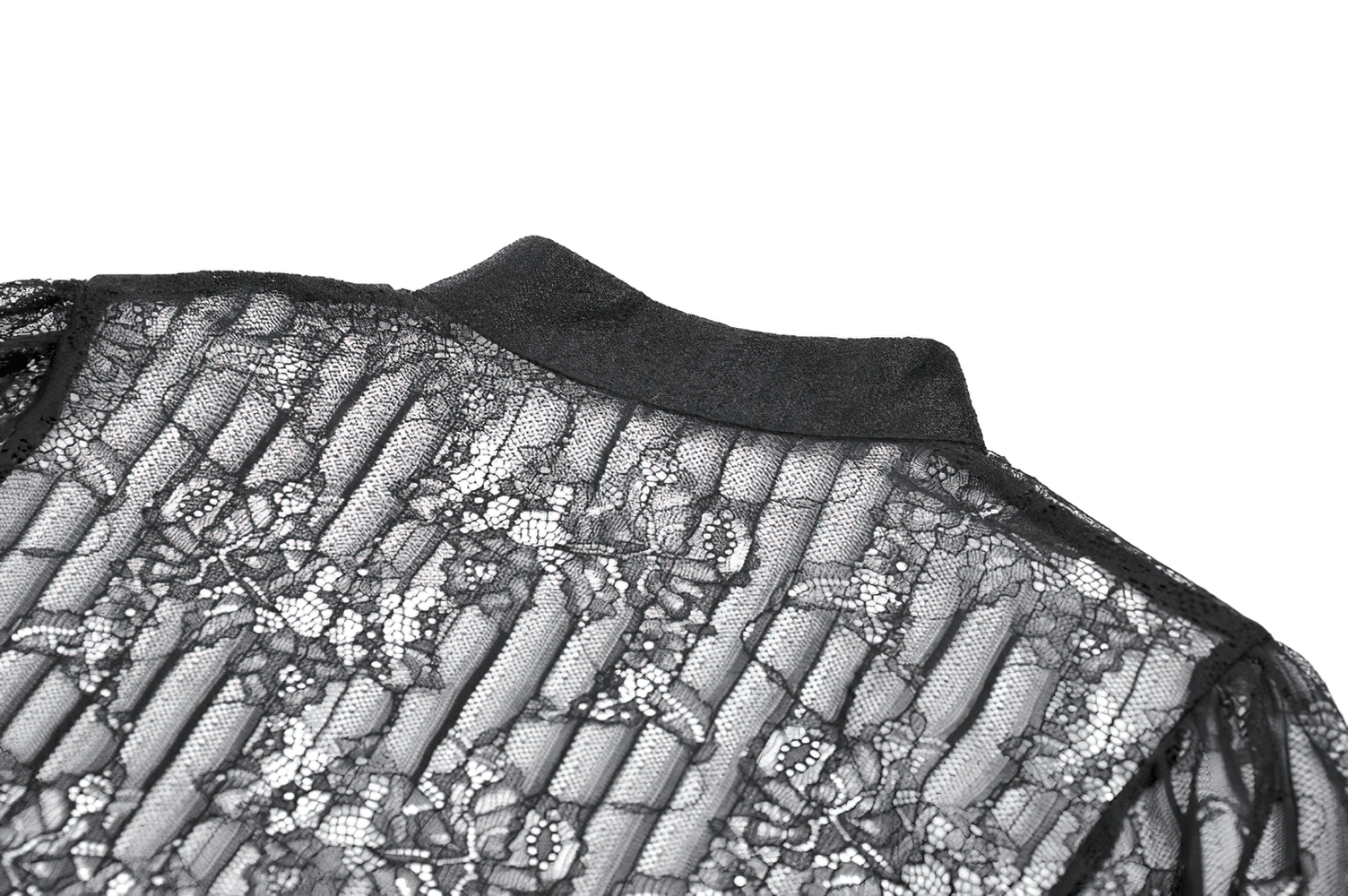 Goth Lace Bolero Shrug with Dramatic Long Bell Sleeves featuring sheer floral lace and mandarin collar.