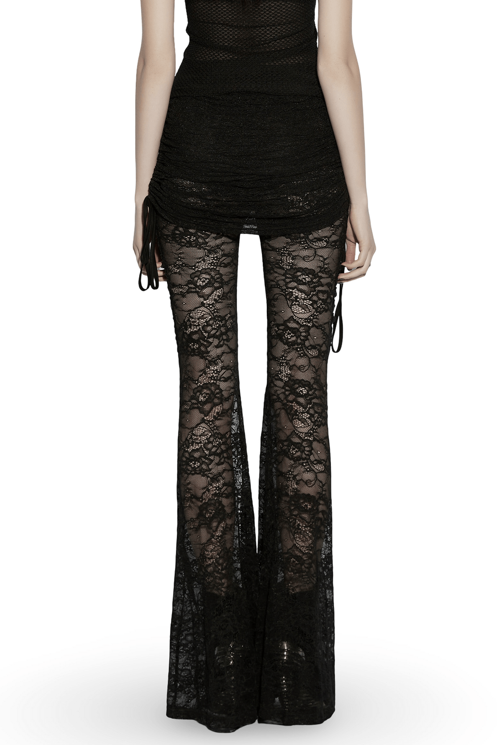 Goth Lace Pleated Flared Pants with Side Ties for Women showcasing a dramatic layered silhouette and lace details.