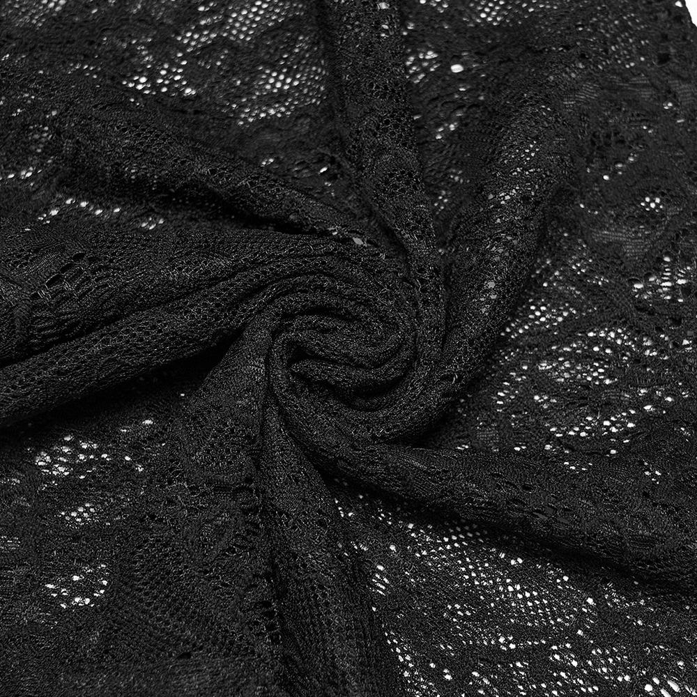 Goth Lace Pleated Flared Pants with Side Ties for Women, showcasing intricate black floral lace fabric.