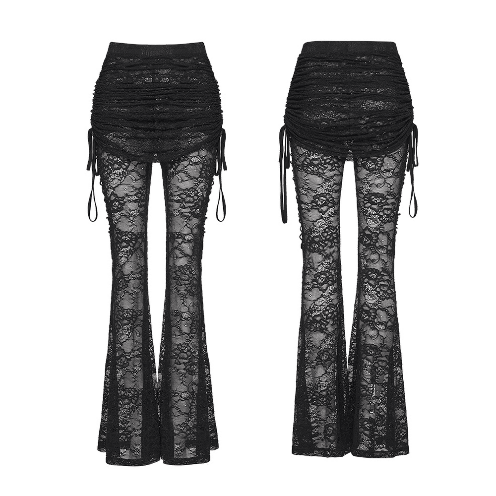 Goth Lace Pleated Flared Pants with Side Ties for Women showcasing floral lace and dramatic flared hem.