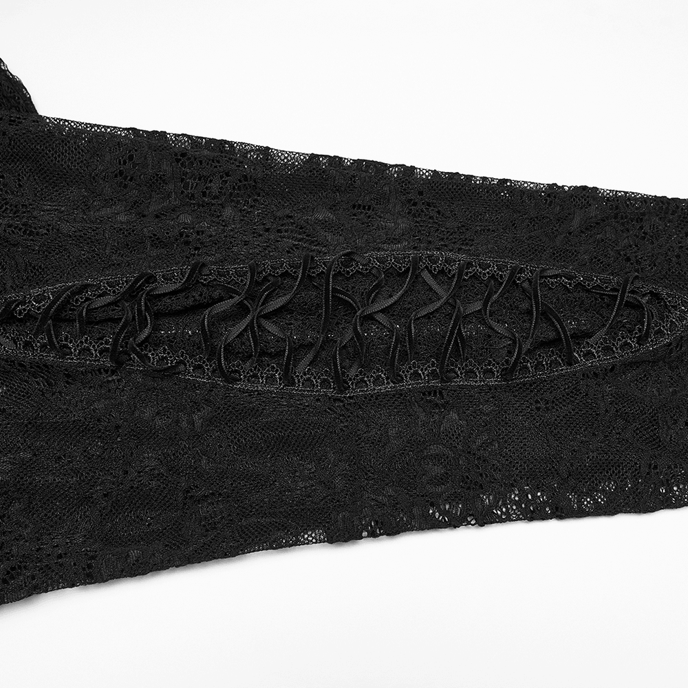 Goth Lace Pleated Flared Pants with Side Ties for Women showcasing floral lace and adjustable tunnel pleats.