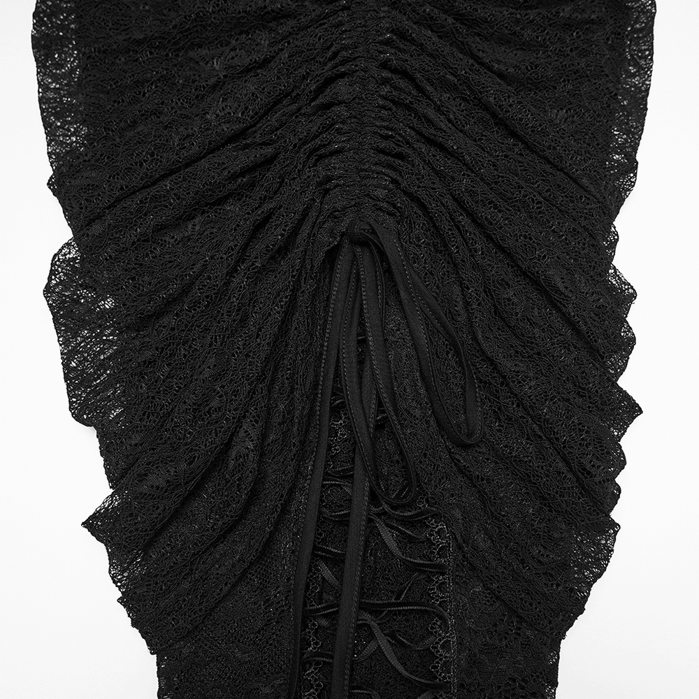 Goth Lace Pleated Flared Pants with Side Ties for Women showcasing the intricate lace details and ruched design.