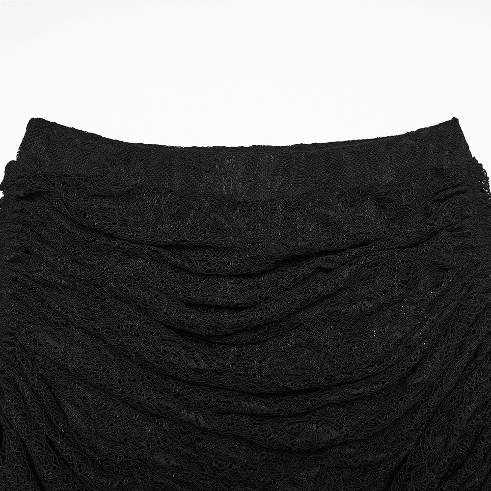 Goth Lace Pleated Flared Pants with Side Ties for Women - detailed view of lace and ruched design.