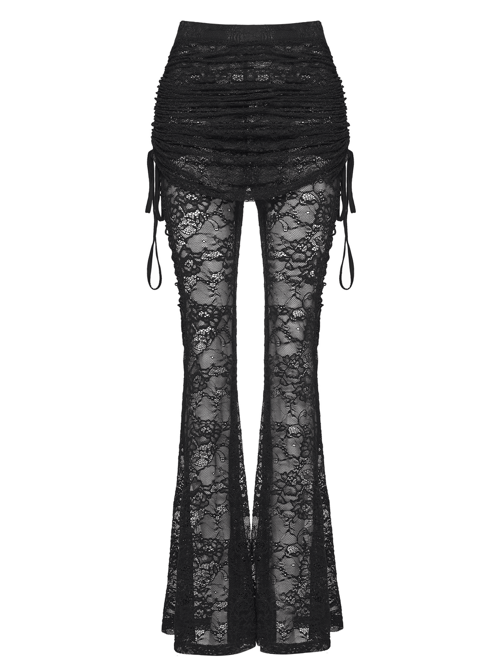 Goth Lace Pleated Flared Pants with Side Ties for Women showcasing a floral lace design and dramatic flares.