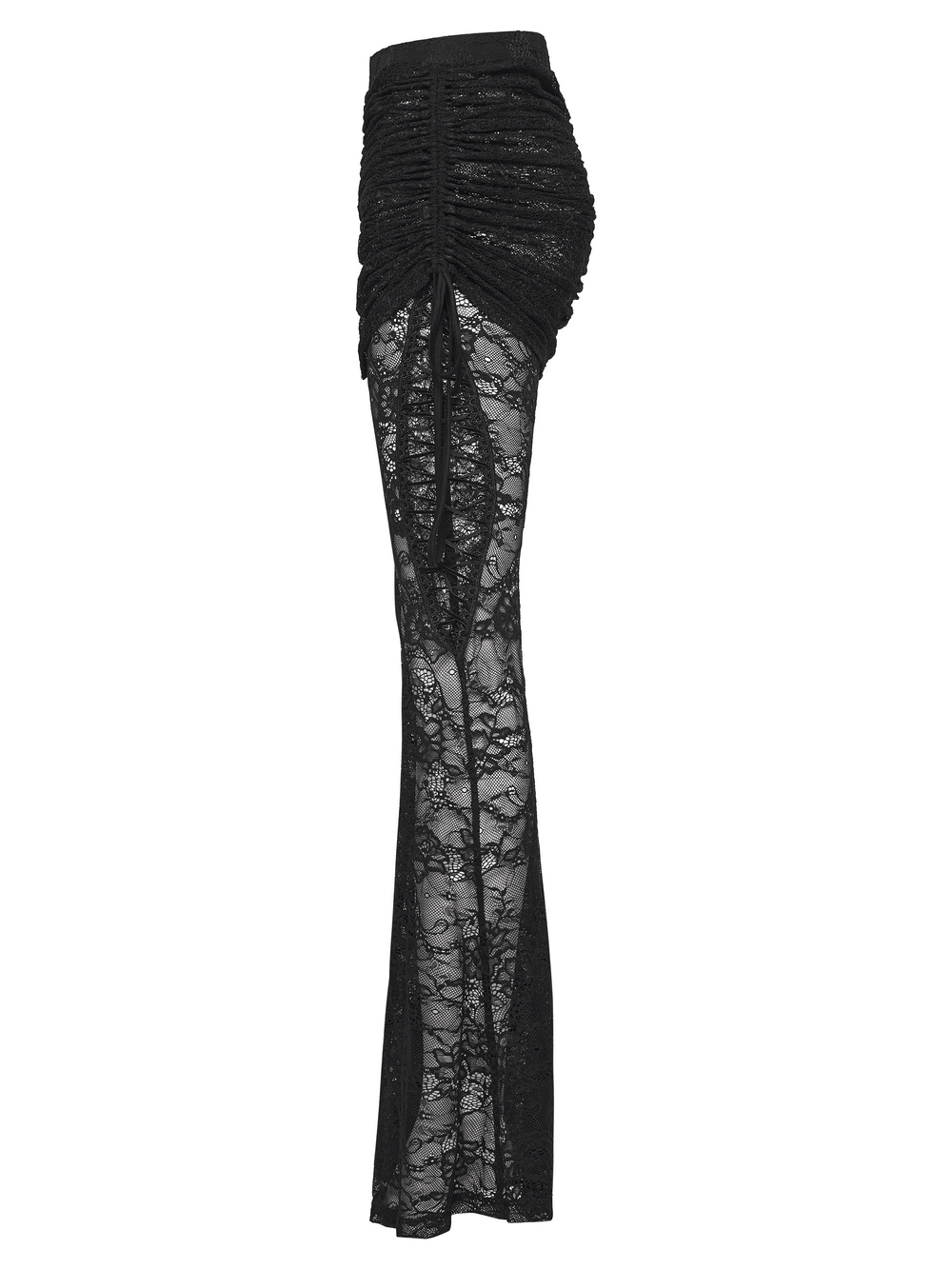 Goth Lace Pleated Flared Pants with Side Ties for Women showcasing floral lace and a dramatic layered silhouette.