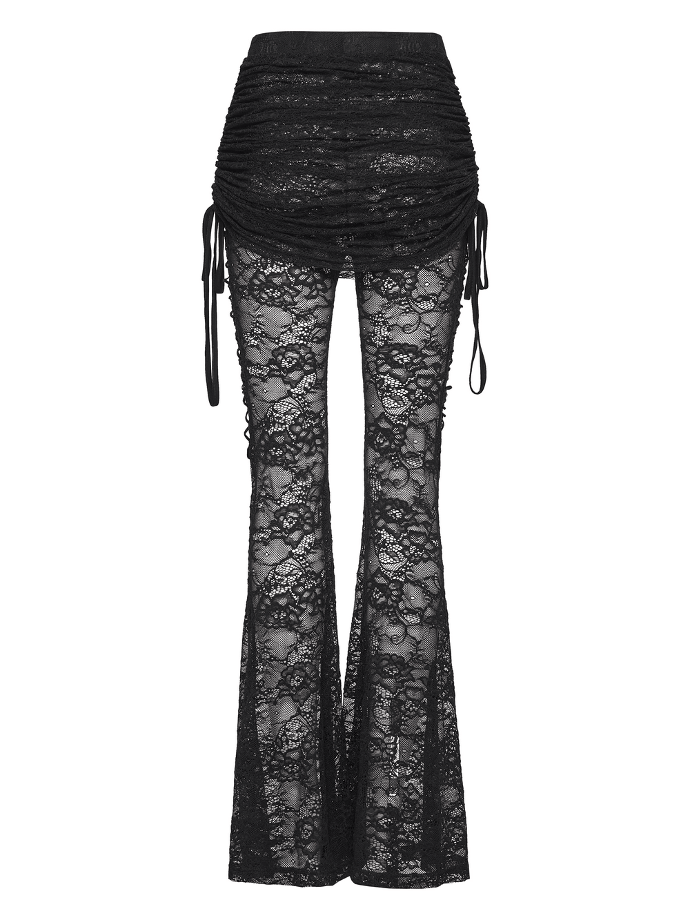 Goth Lace Pleated Flared Pants with Side Ties for Women showcasing lace design and dramatic flared hem.