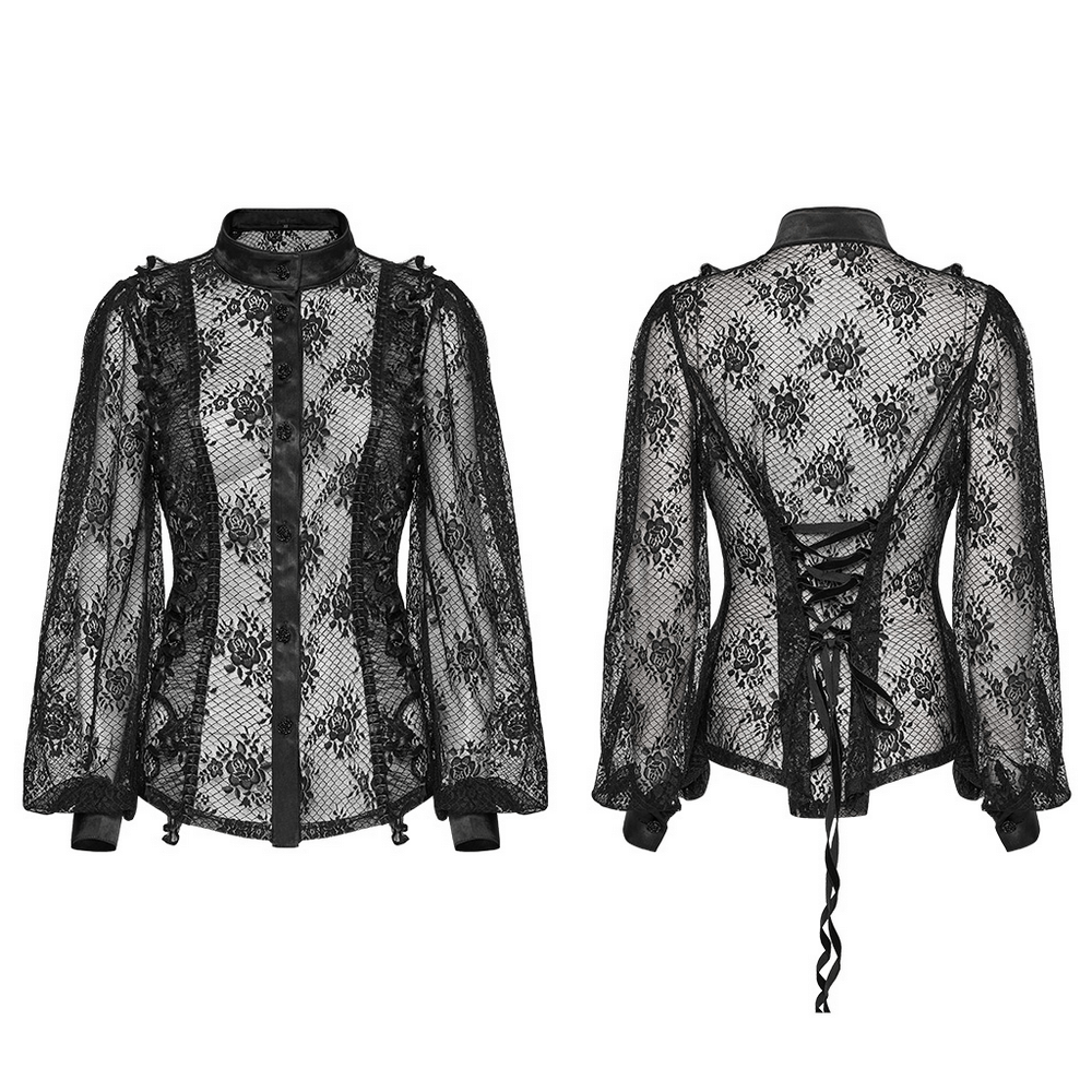Goth lace transparent blouse with mesh design and corset back, featuring a floral pattern and romantic details.