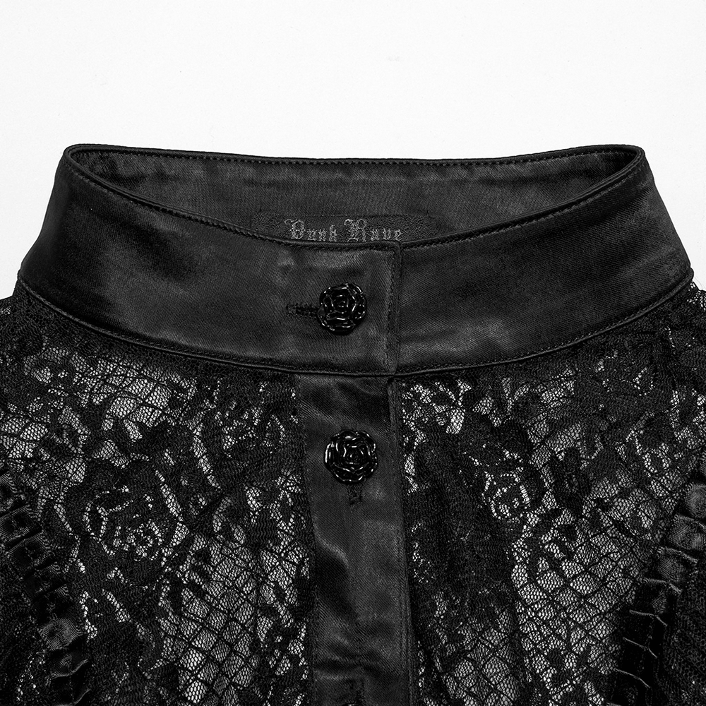 Close-up of the collar and buttons on a black gothic lace blouse featuring rose designs.