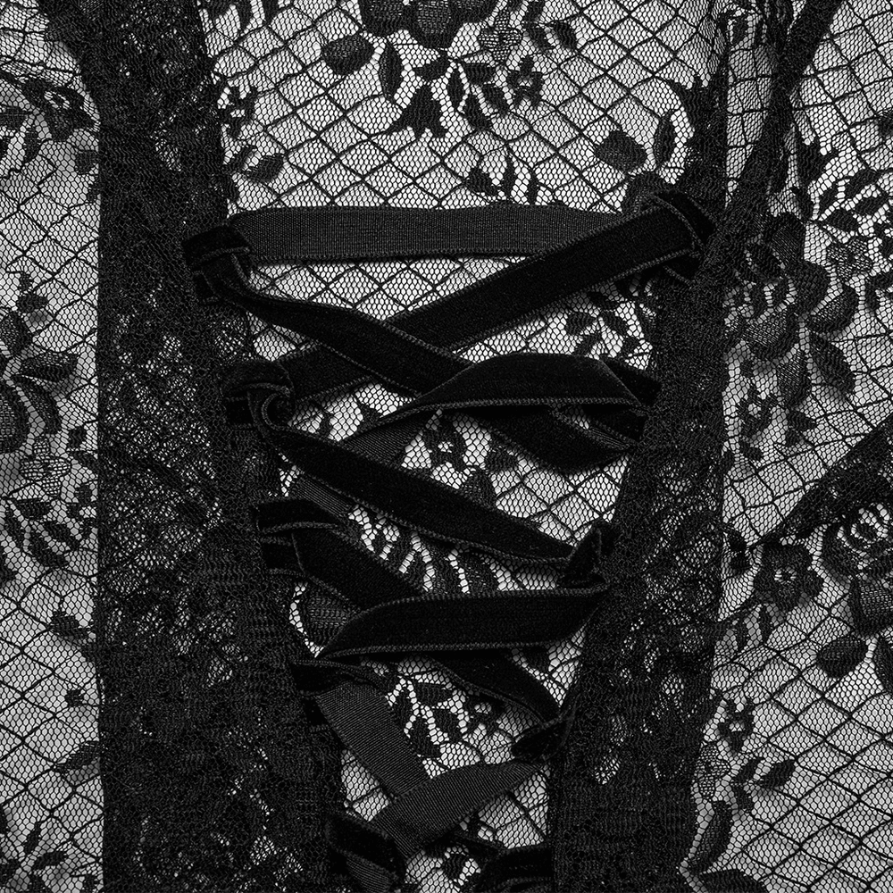 Close-up of black gothic lace blouse featuring intricate rose design and corset-style lace-up back.