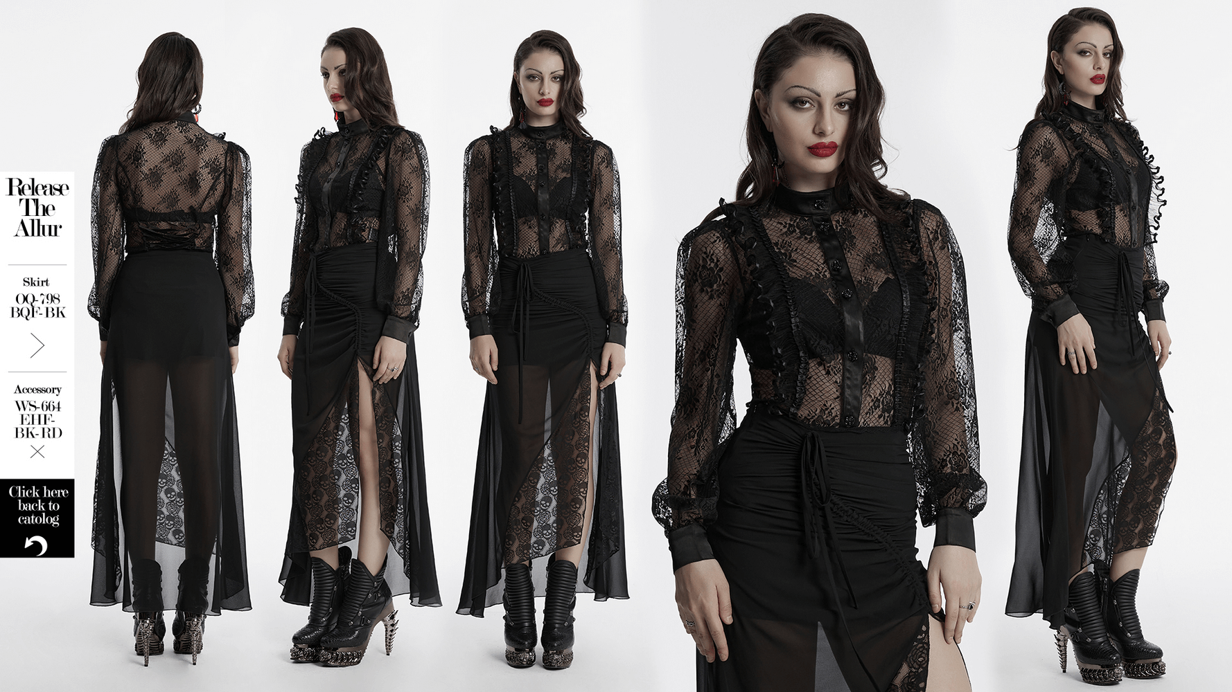 Black gothic lace blouse with mesh and corset back detail, showcasing a dramatic and alluring silhouette.
