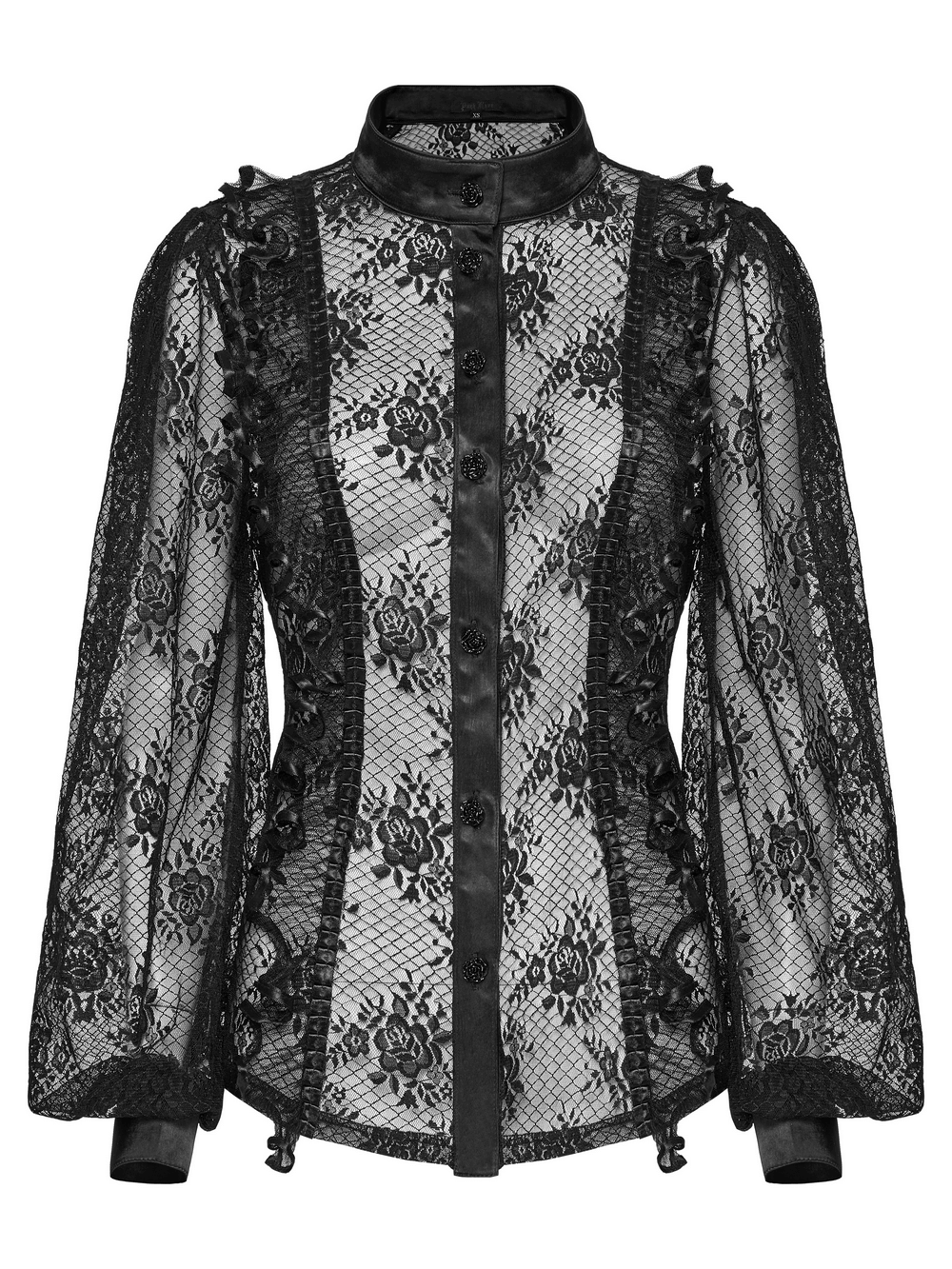 Black gothic lace blouse with rose design, corset back detail, and elegant stand collar, perfect for romantic looks.
