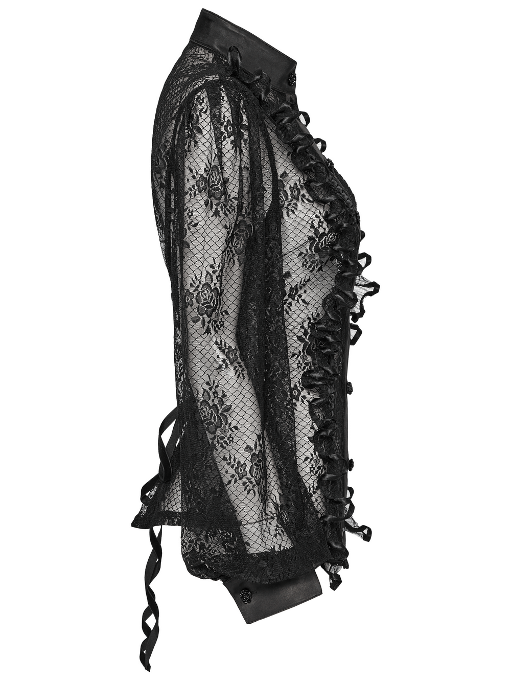 Side view of a black gothic lace blouse with rose design, corset back, and ruffled details for a romantic touch.
