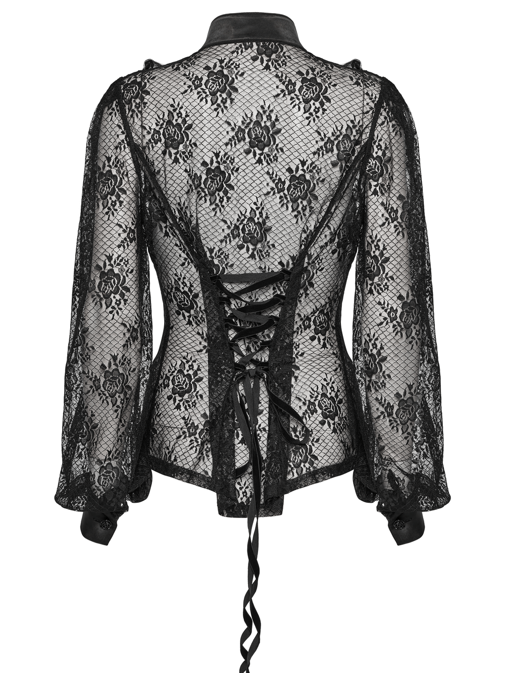 Back view of a black gothic lace blouse with corset-style lace-up detail and rose mesh design.