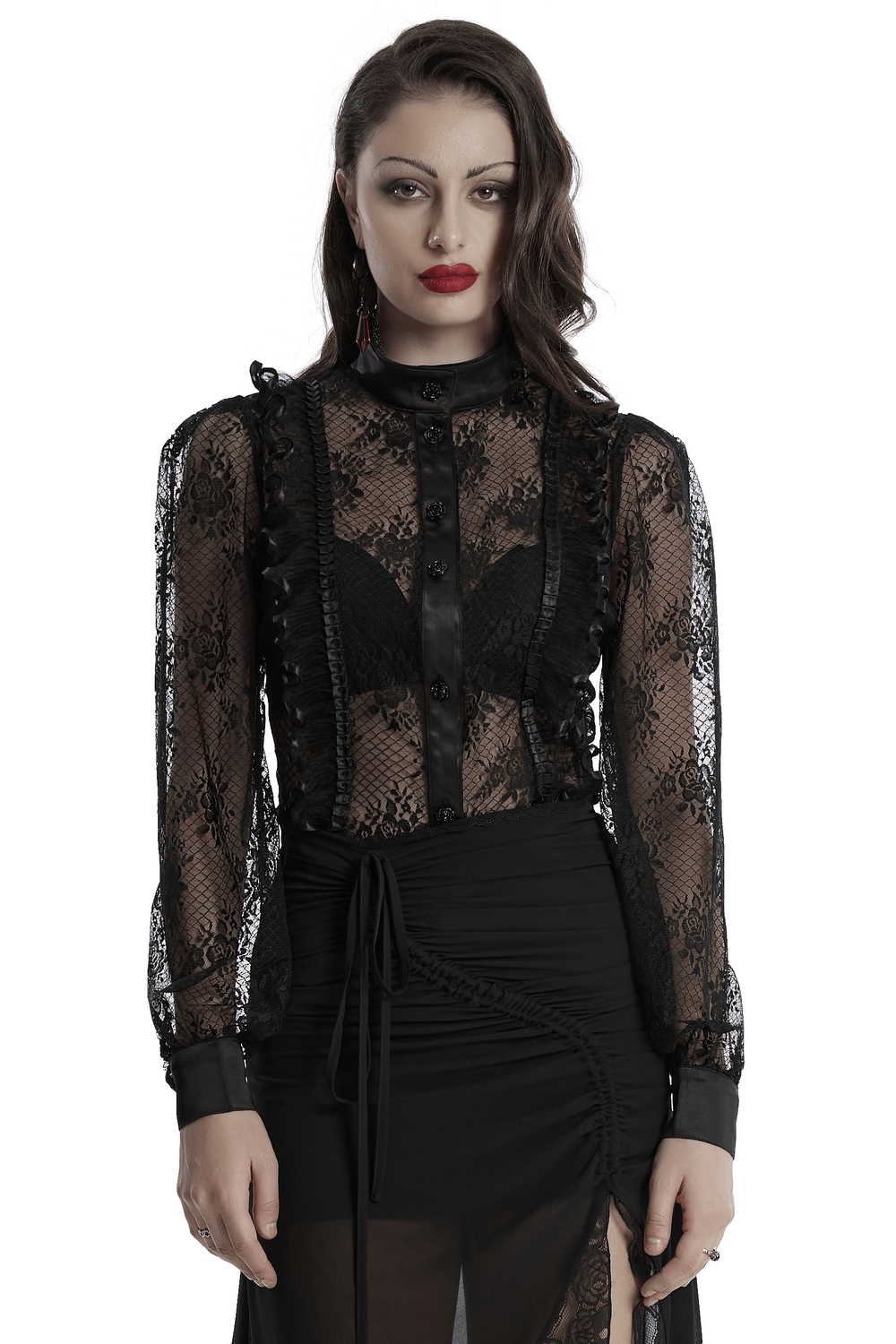 Gothic lace blouse with transparent mesh, corset back, and rose design for an elegant, dramatic look.