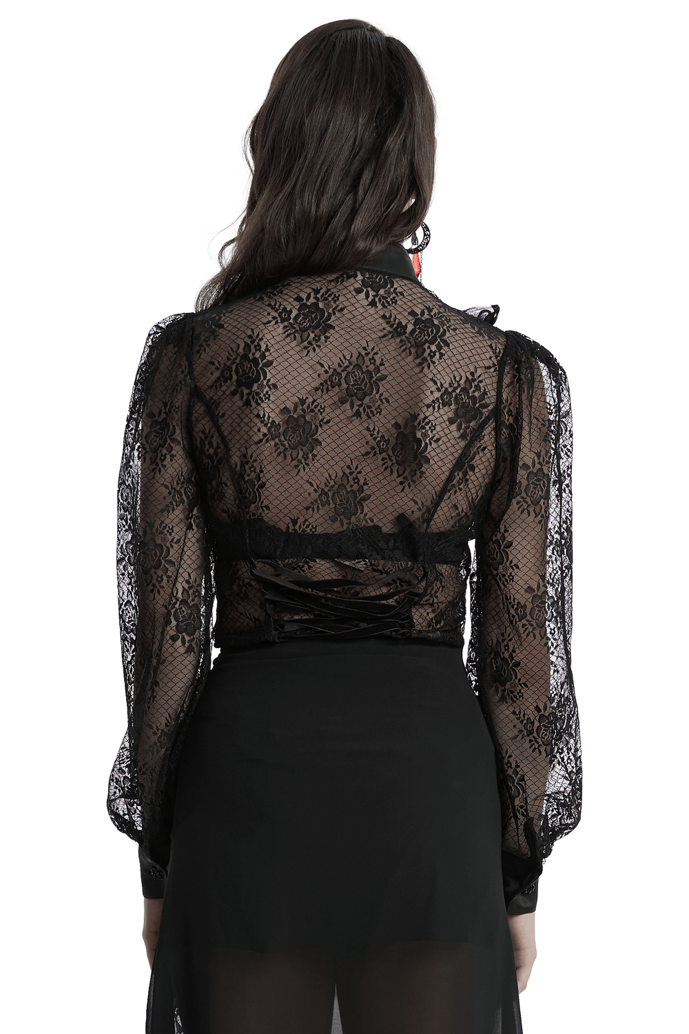 Back view of black gothic lace blouse with rose design and corset lace-up detail, showcasing a romantic silhouette.