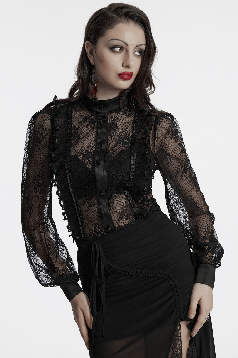 Elegant Goth lace blouse with rose design, corset back detail, and sheer fabric, perfect for a romantic gothic style.