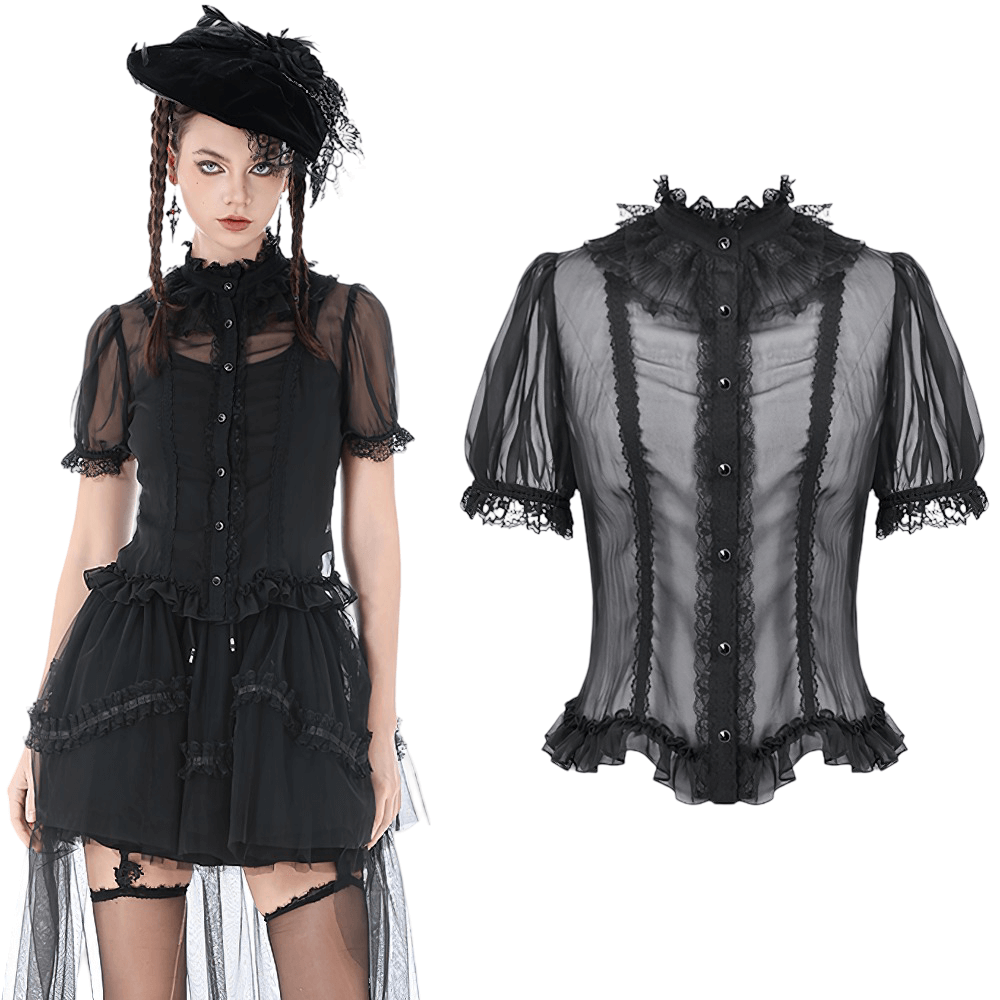 Goth Lace-Trimmed Puff Sleeved Blouse with Button Detail worn by model, showcasing sheer fabric and lace details.