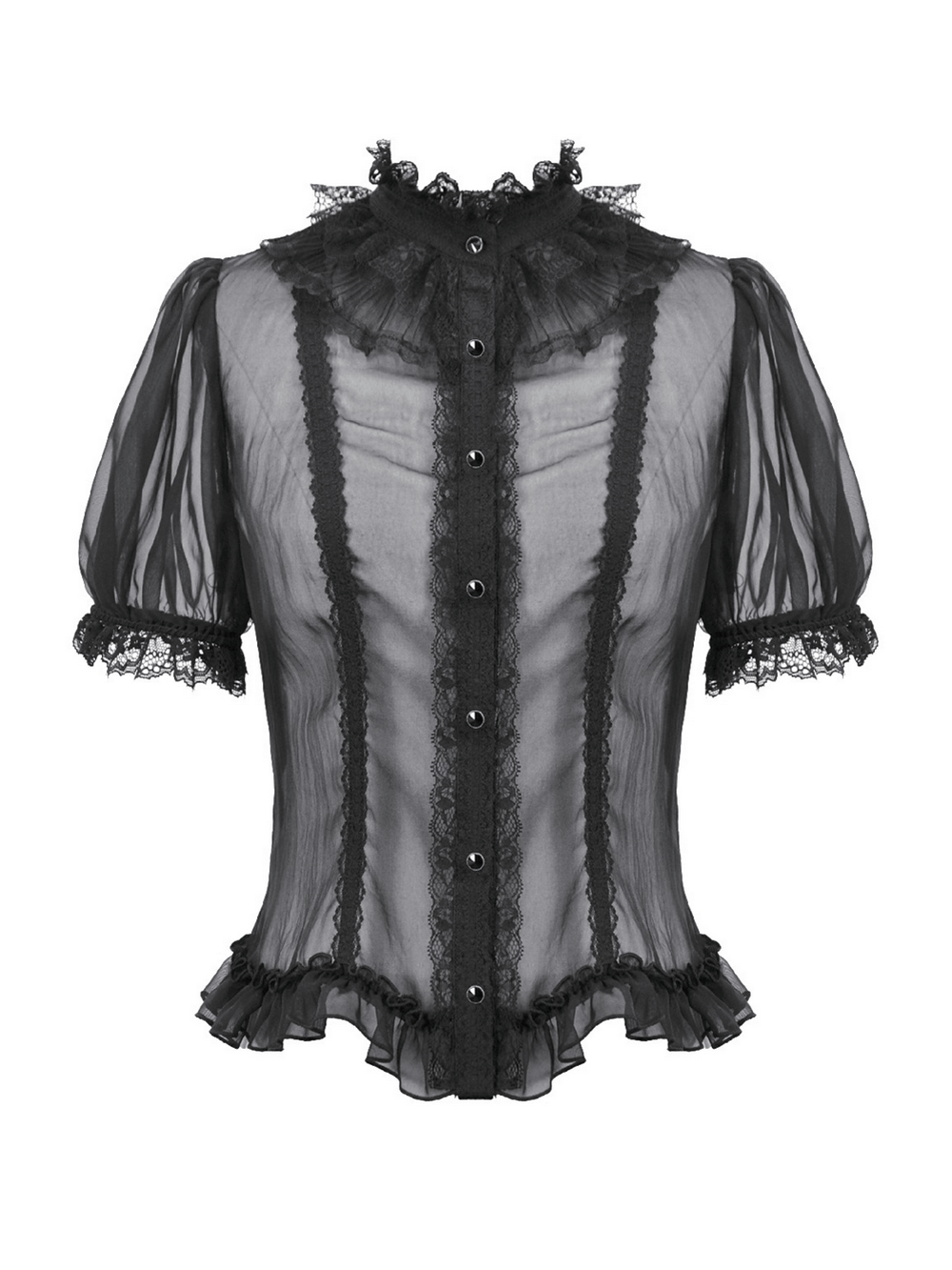 Goth Lace-Trimmed Puff Sleeved Blouse with Button Detail in sheer black fabric with lace ruffles and button closure.