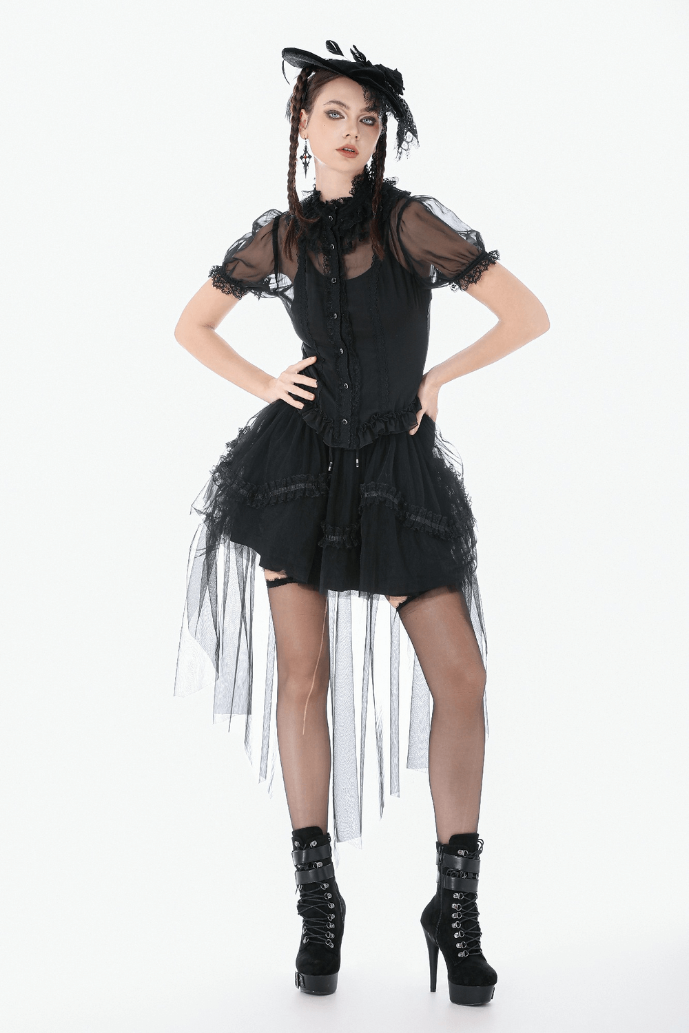 Goth Lace-Trimmed Puff Sleeved Blouse with Button Detail worn by a model, showcasing sheer fabric and lace ruffles.