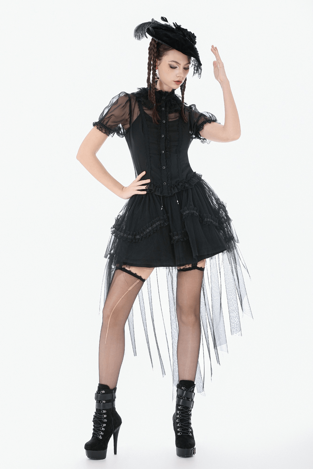 Goth Lace-Trimmed Puff Sleeved Blouse with Button Detail styled with black tulle skirt and dramatic accessories.