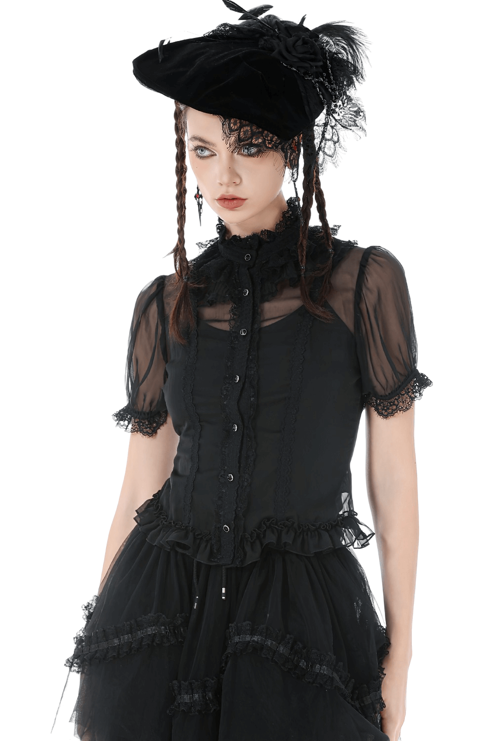 Goth Lace-Trimmed Puff Sleeved Blouse with Button Detail on model showcasing gothic fashion.