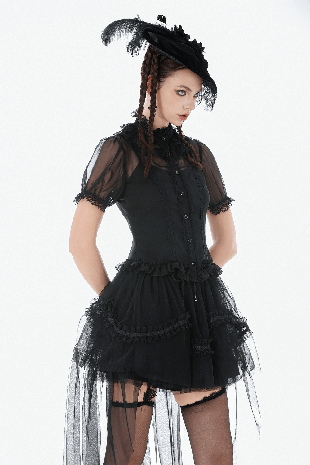 Goth Lace-Trimmed Puff Sleeved Blouse with Button Detail modeled in black sheer fabric with lace ruffles.
