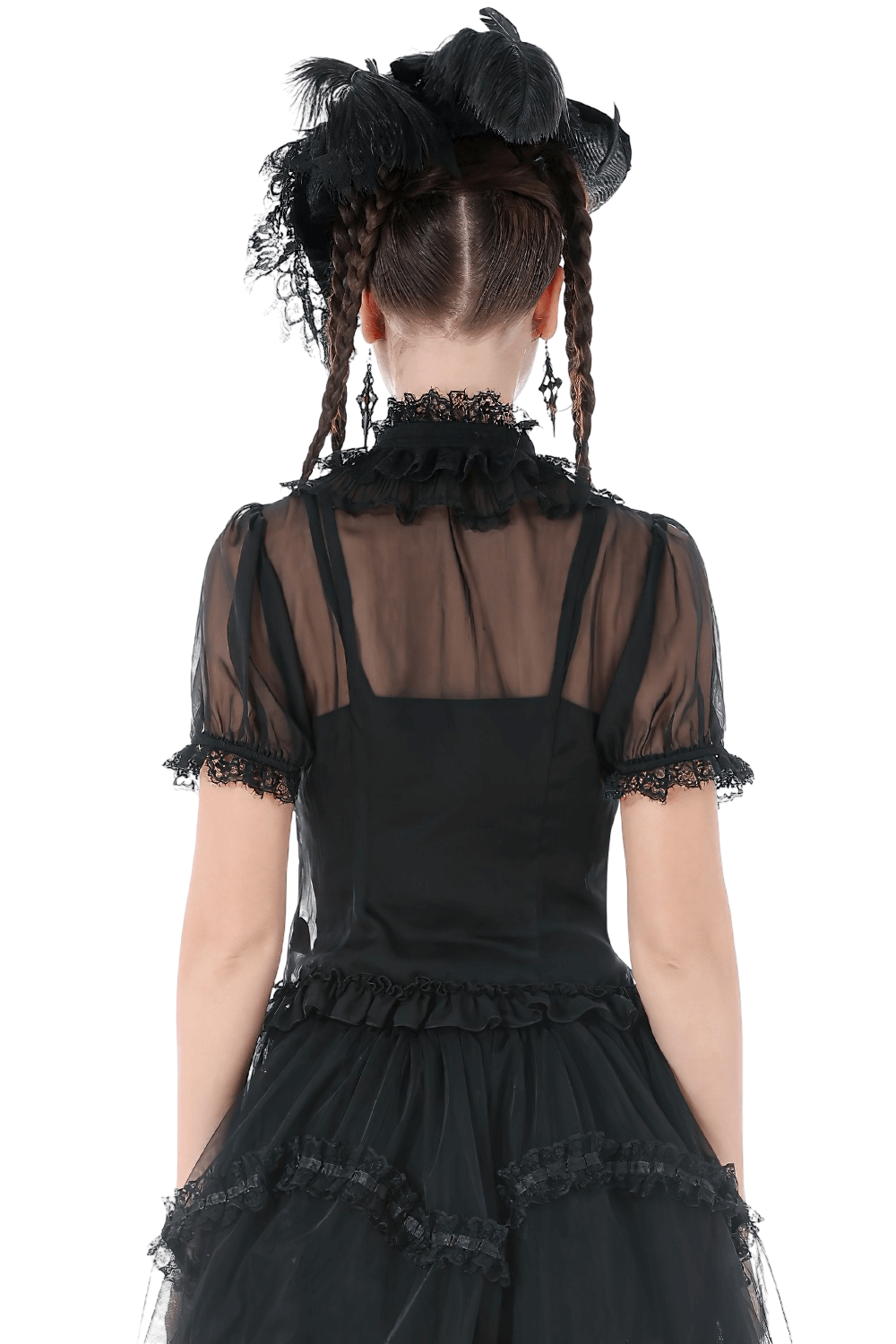 Back view of Goth Lace-Trimmed Puff Sleeved Blouse with Button Detail showcasing sheer fabric and lace detailing.