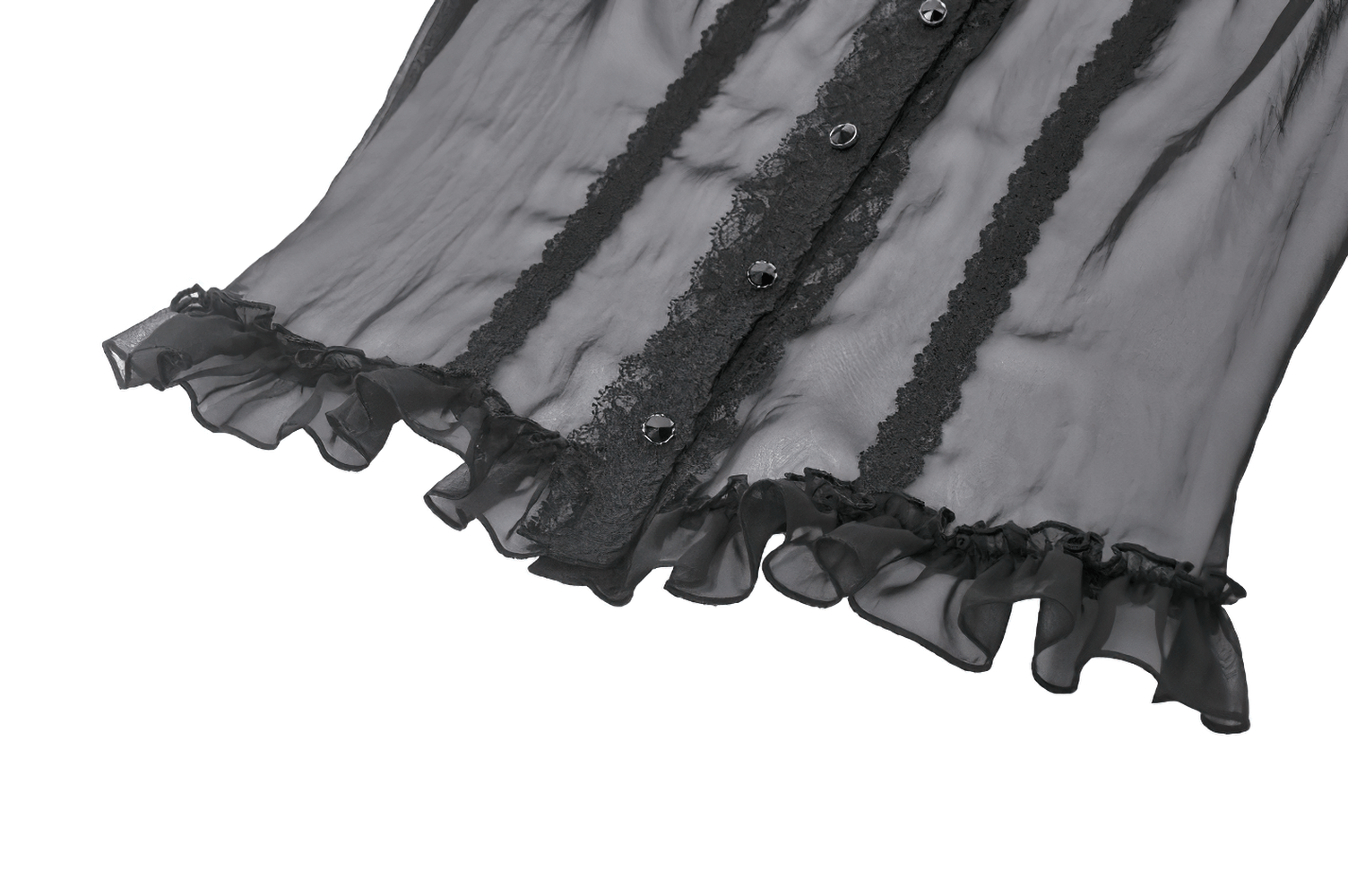 Goth Lace-Trimmed Puff Sleeved Blouse with Button Detail featuring sheer fabric and ruffled hem.