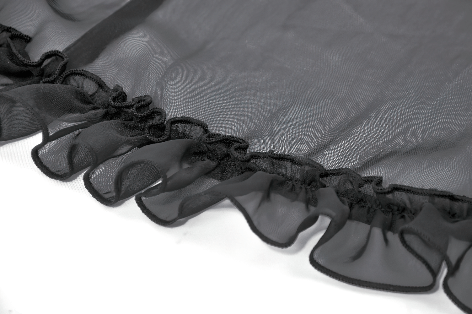 Black sheer fabric detail with lace ruffles for Goth Lace-Trimmed Puff Sleeved Blouse with Button Detail.
