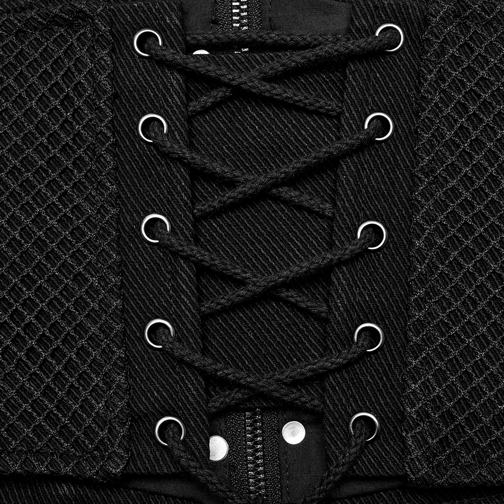 Close-up of black lace-up corset belt with buckles and zipper, showcasing punk rock style and breathable mesh detail.