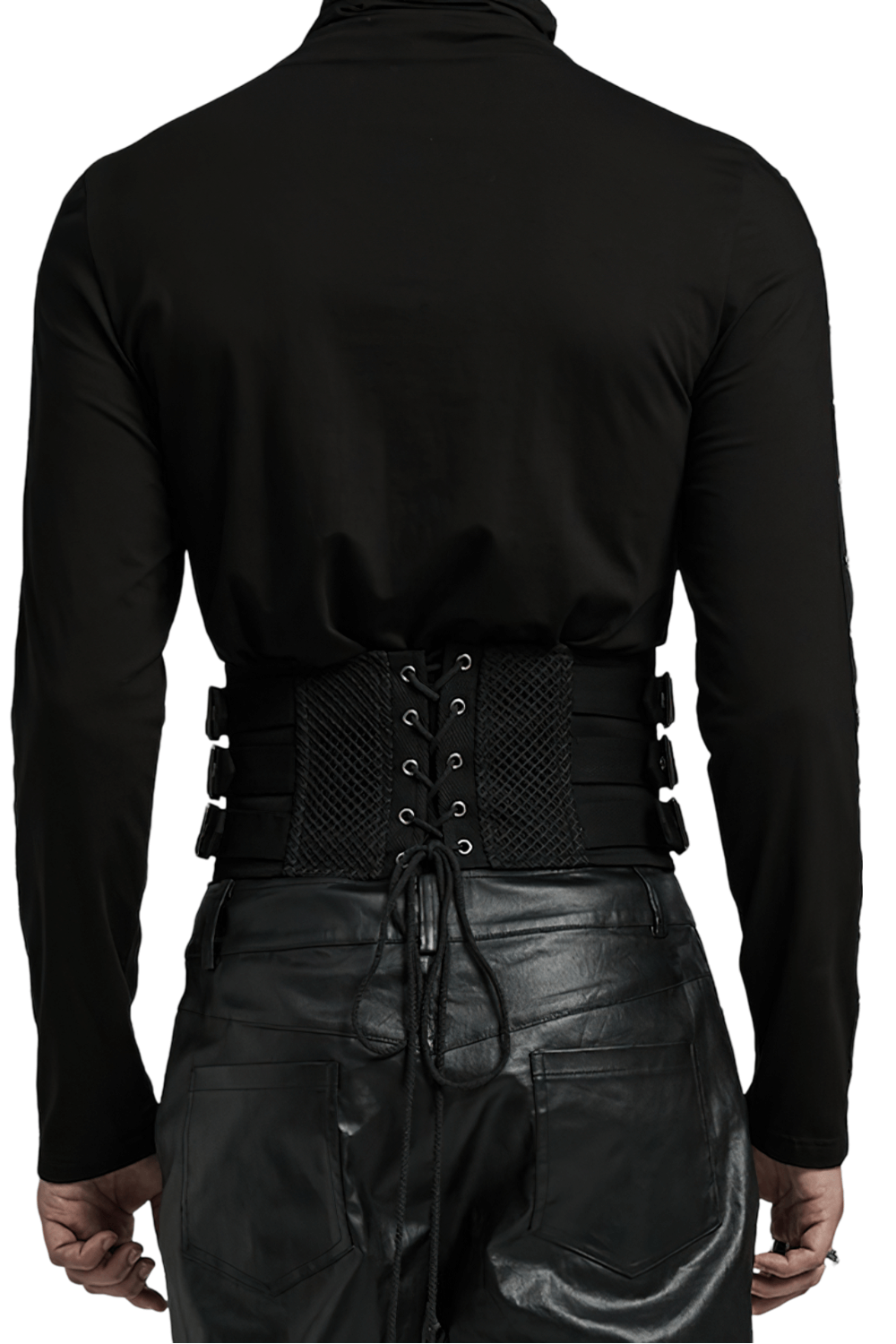 Back view of a black goth lace-up corset belt with buckles and drawstring, styled for a punk rock aesthetic.