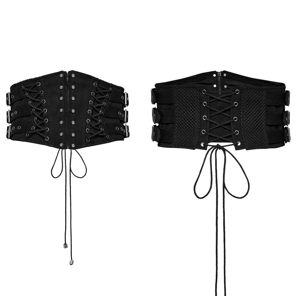 Goth lace-up corset belt with buckles and drawstring for a punk rock waist-cinching style.