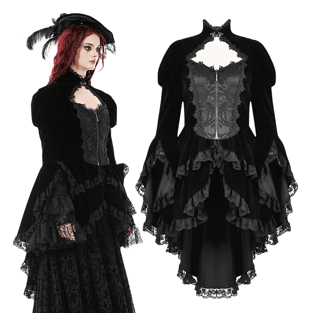 Goth Lace-Up Tiered High-Low Jacket with Bell Sleeves featuring lace details and dramatic flared design.