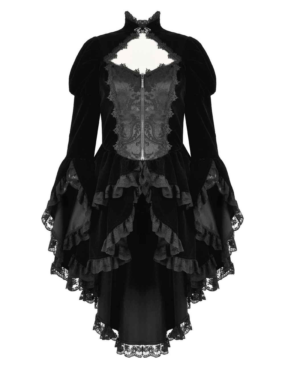Goth Lace-Up Tiered High-Low Jacket with Bell Sleeves showcasing intricate lace and dramatic tiered hem.