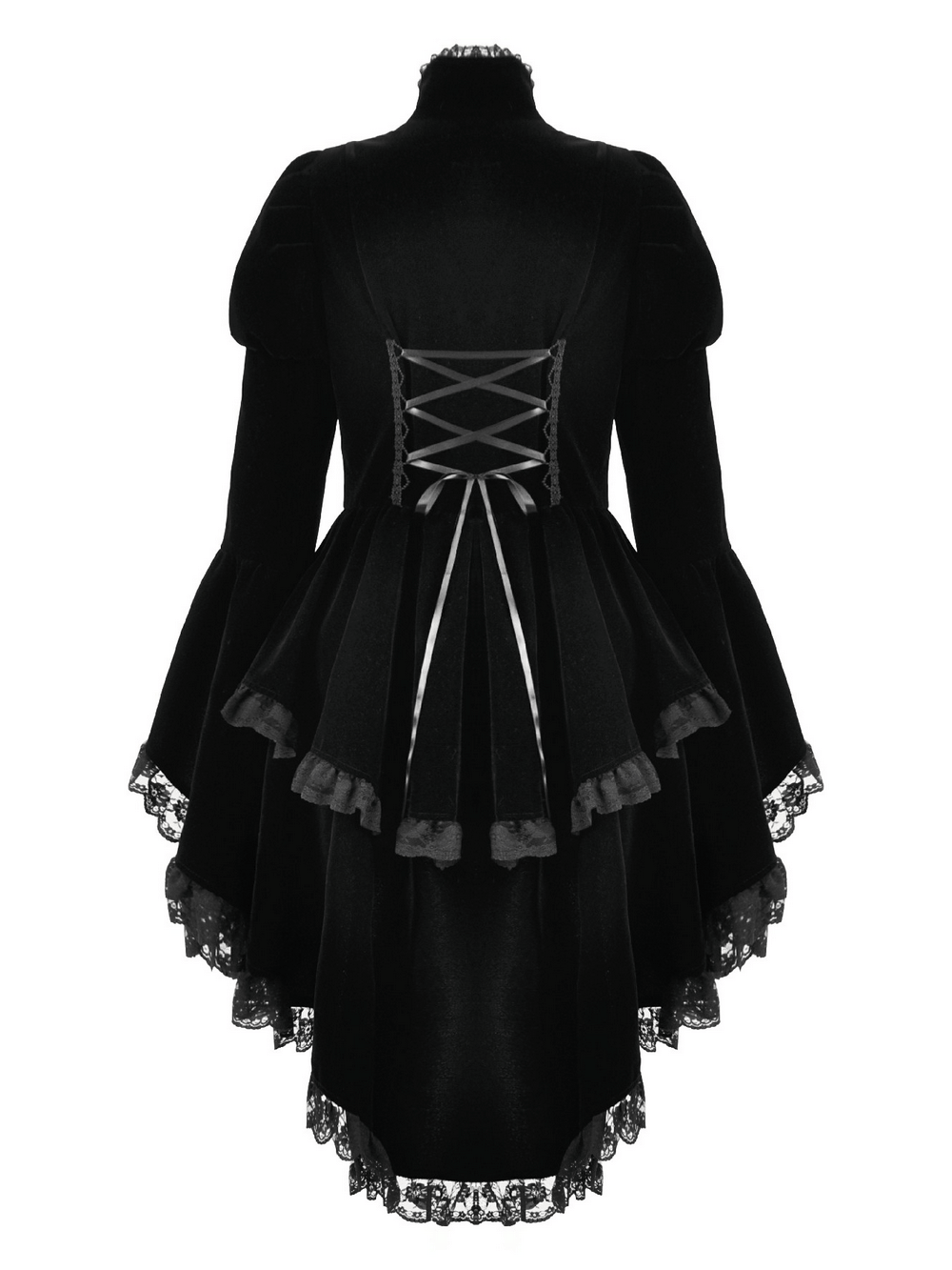 Goth Lace-Up Tiered High-Low Jacket with Bell Sleeves showcasing elegant lace detailing and dramatic silhouette.