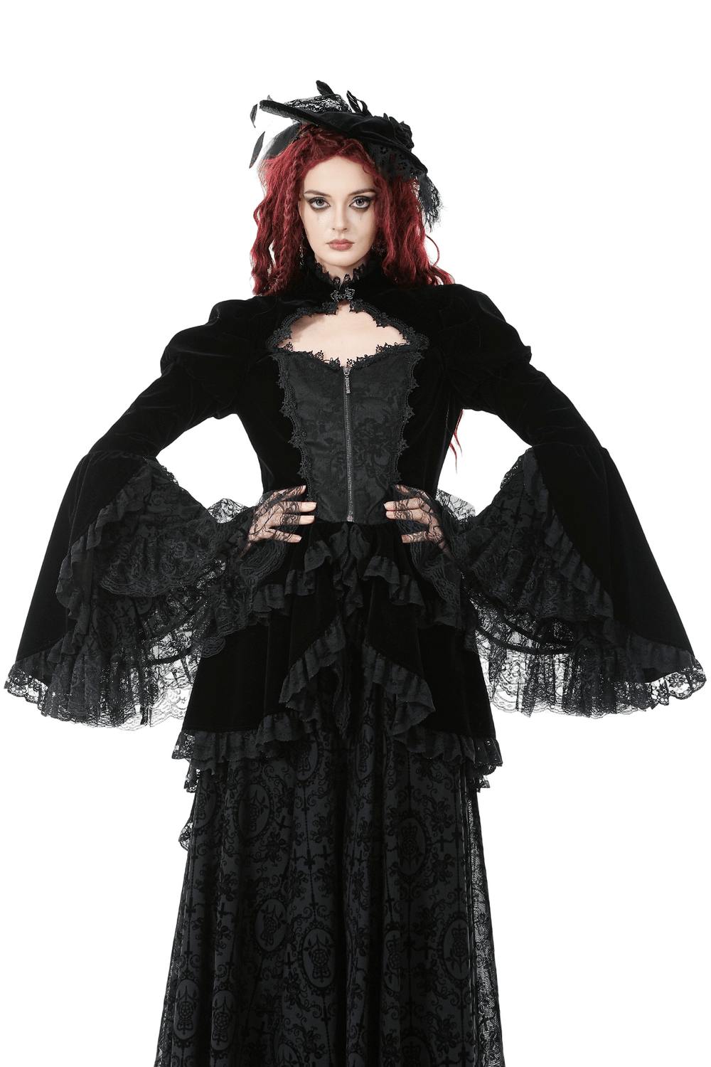 Goth Lace-Up Tiered High-Low Jacket with Bell Sleeves worn by model, showcasing velvet and lace details.