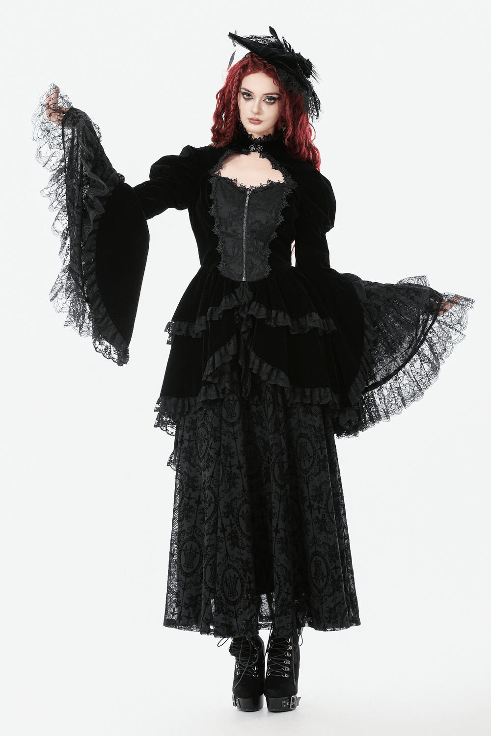 Goth Lace-Up Tiered High-Low Jacket with Bell Sleeves worn by model, showcasing black velvet and lace details.