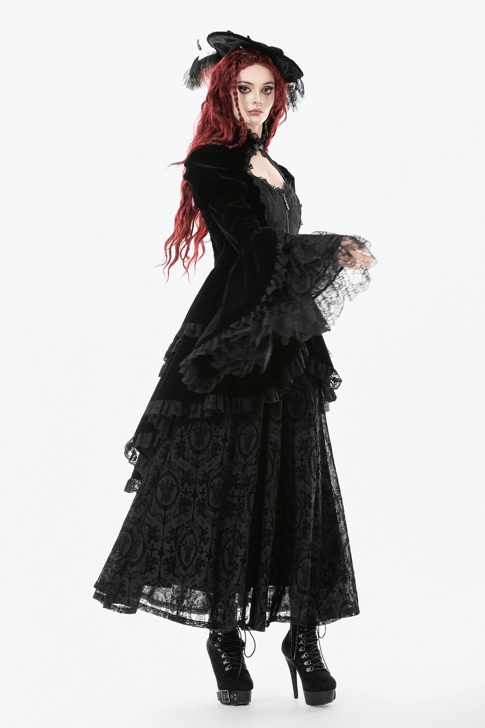 Goth Lace-Up Tiered High-Low Jacket with Bell Sleeves styled with lace details and dramatic bell sleeves.