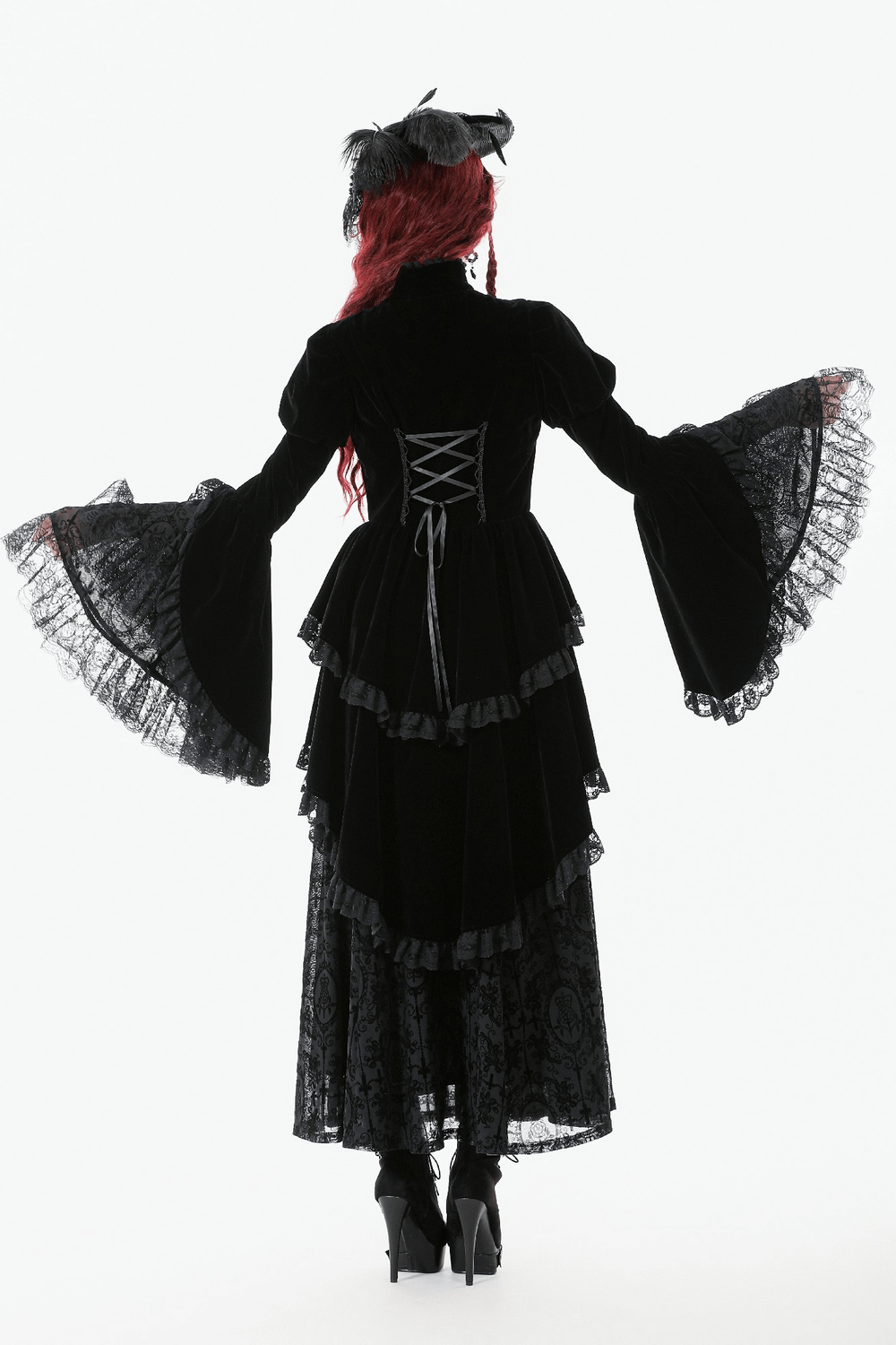 Goth Lace-Up Tiered High-Low Jacket with Bell Sleeves displayed from behind, featuring lace details and dramatic tiered hem.