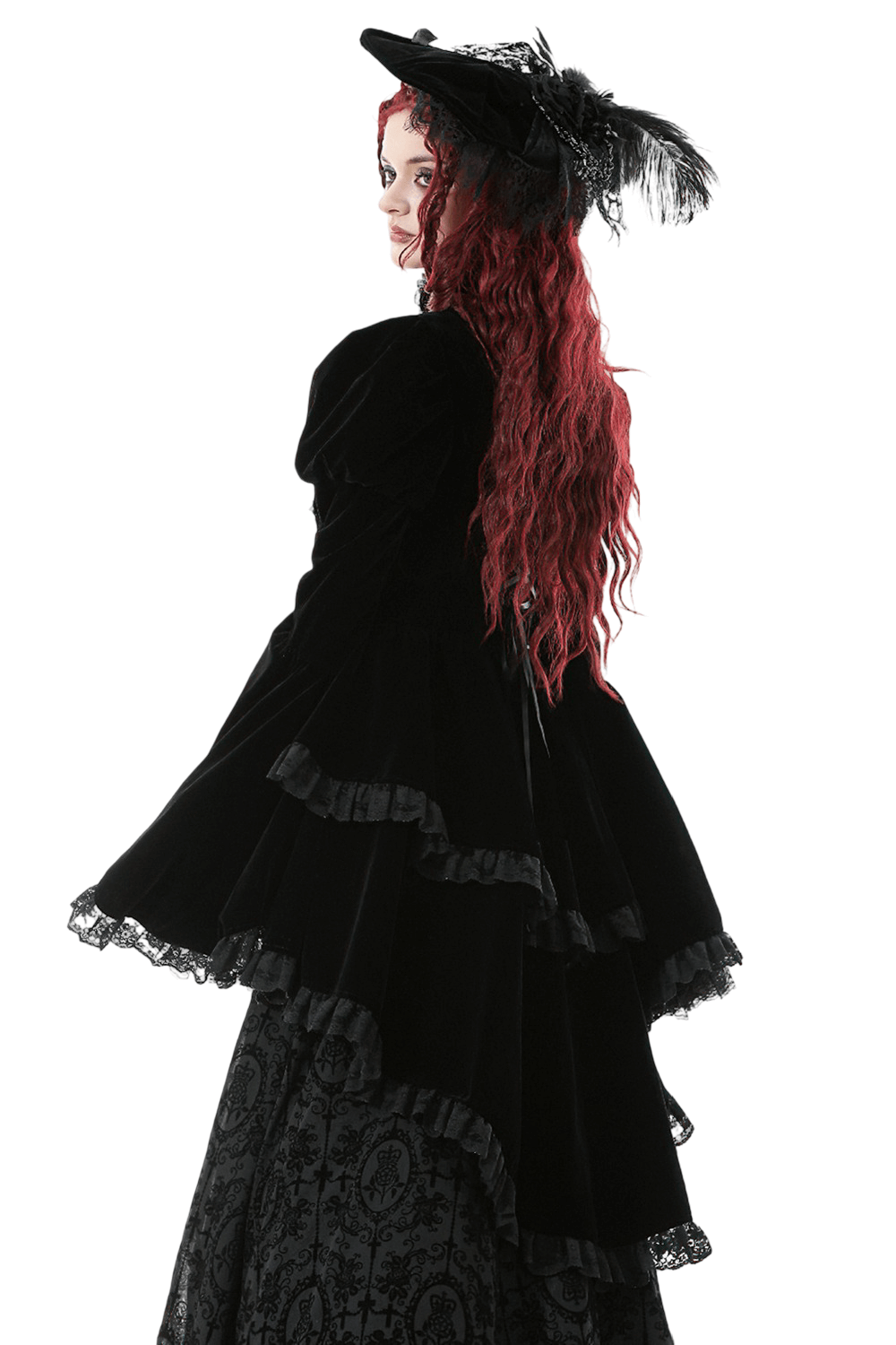 Goth Lace-Up Tiered High-Low Jacket with Bell Sleeves showcasing dramatic tiered hem and lace detail, accessorized with a stylish hat.