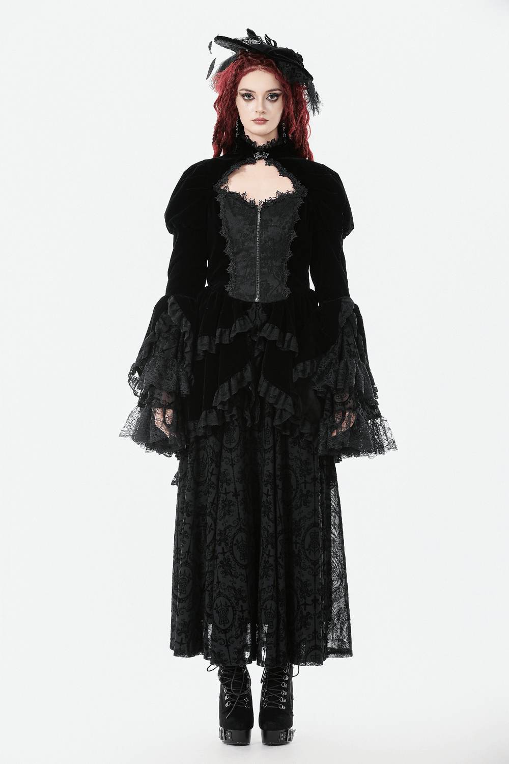 Goth Lace-Up Tiered High-Low Jacket with Bell Sleeves worn by a model, showcasing its gothic elegance and lace details.