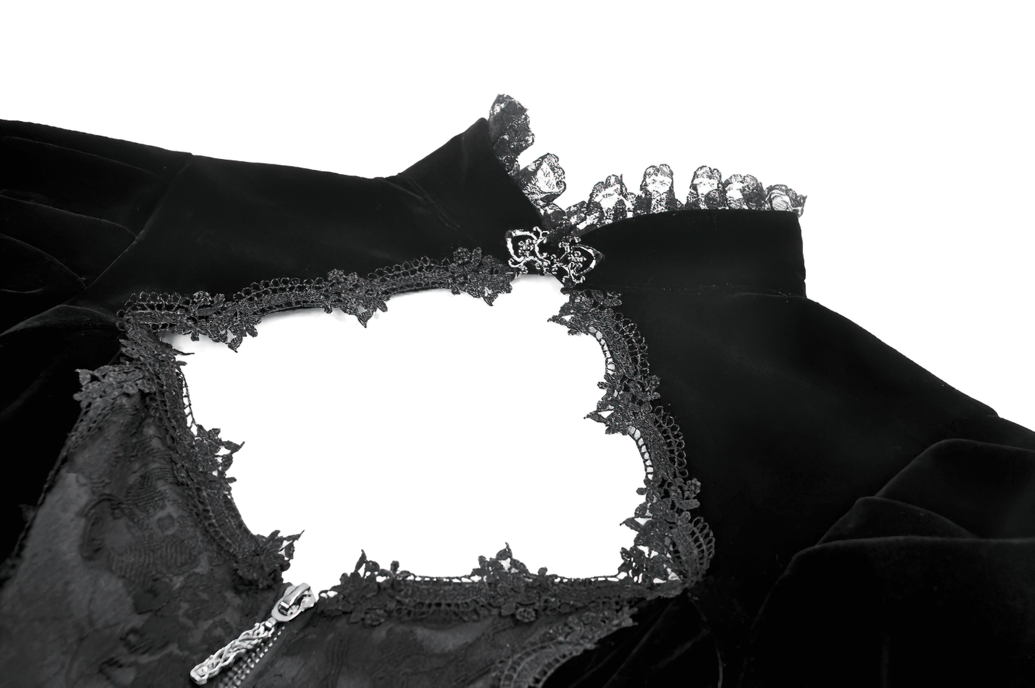 Goth Lace-Up Tiered High-Low Jacket with Bell Sleeves showcasing elegant lace detailing and velvet fabric.