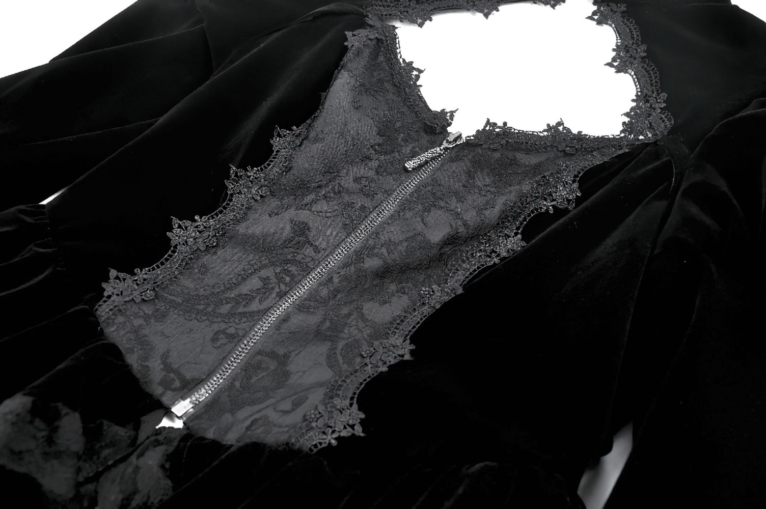 Goth Lace-Up Tiered High-Low Jacket with Bell Sleeves featuring intricate lace details and a zip closure.