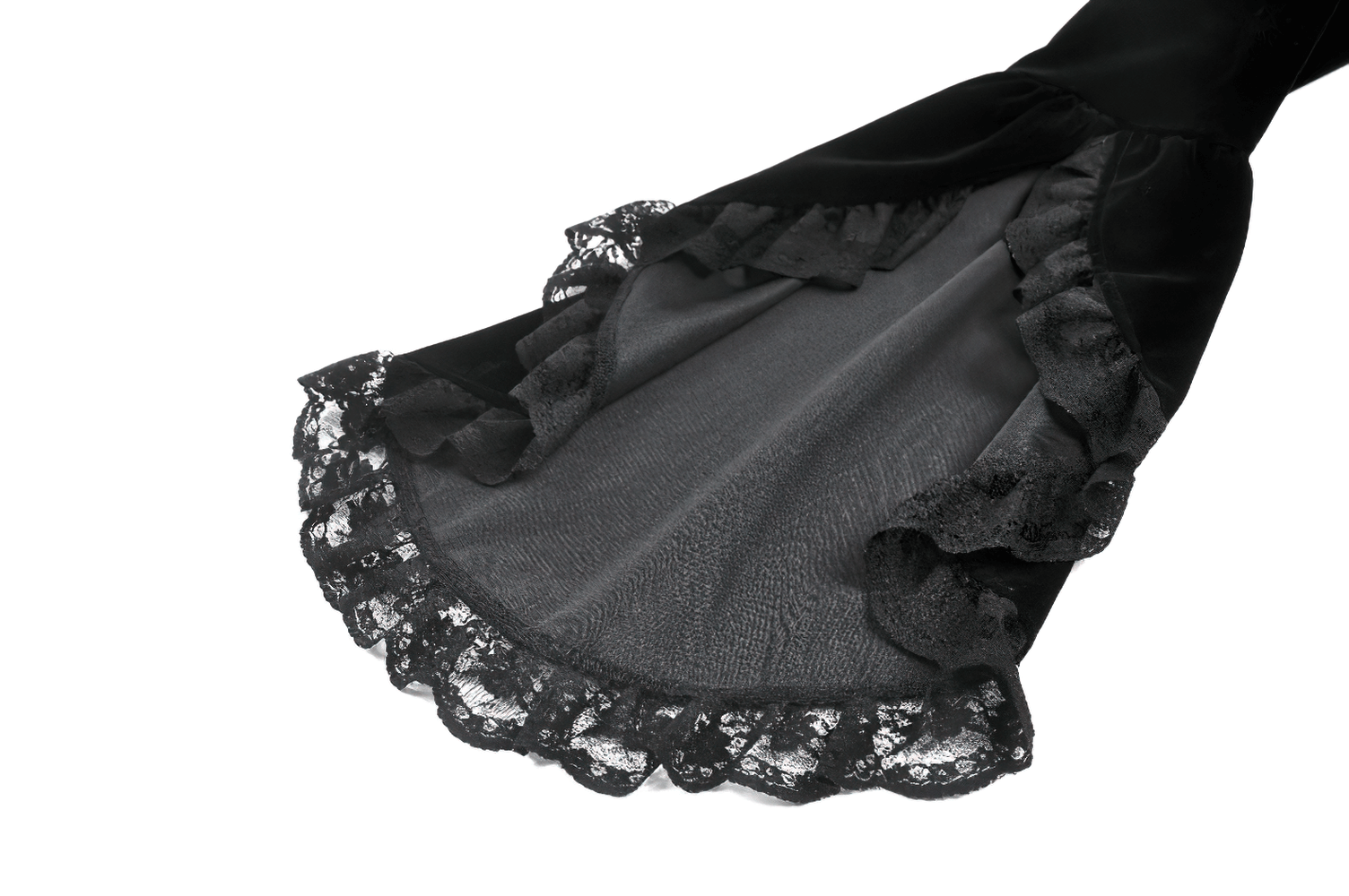 Goth Lace-Up Tiered High-Low Jacket with Bell Sleeves showcasing intricate lace trim on the sleeve.