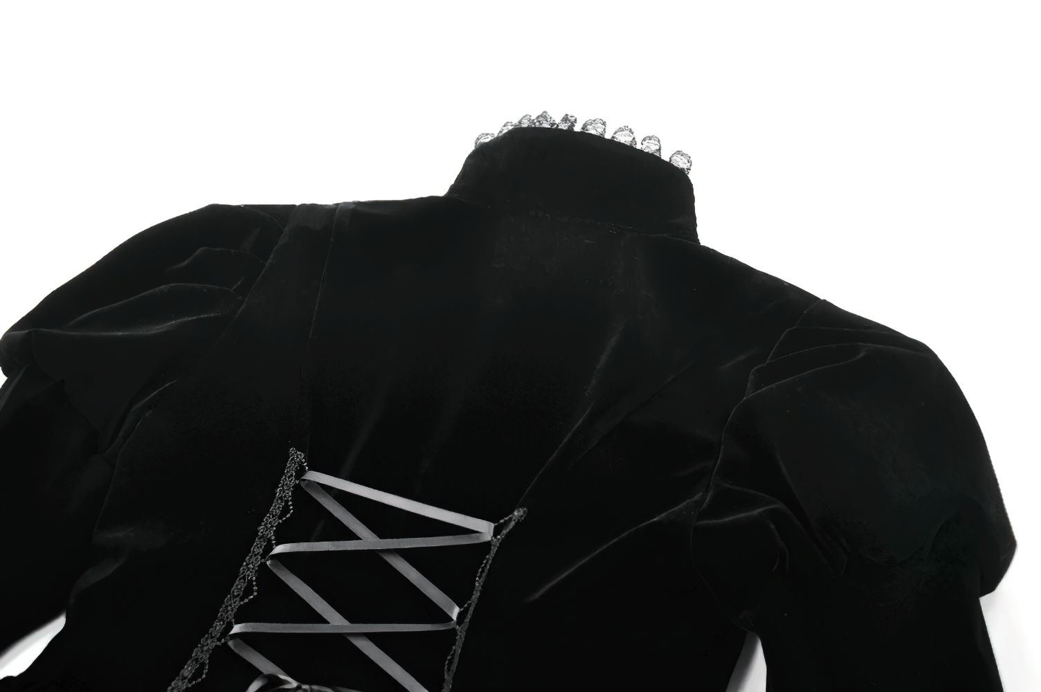 Goth Lace-Up Tiered High-Low Jacket with Bell Sleeves showing lace-up back and elegant velvet material.