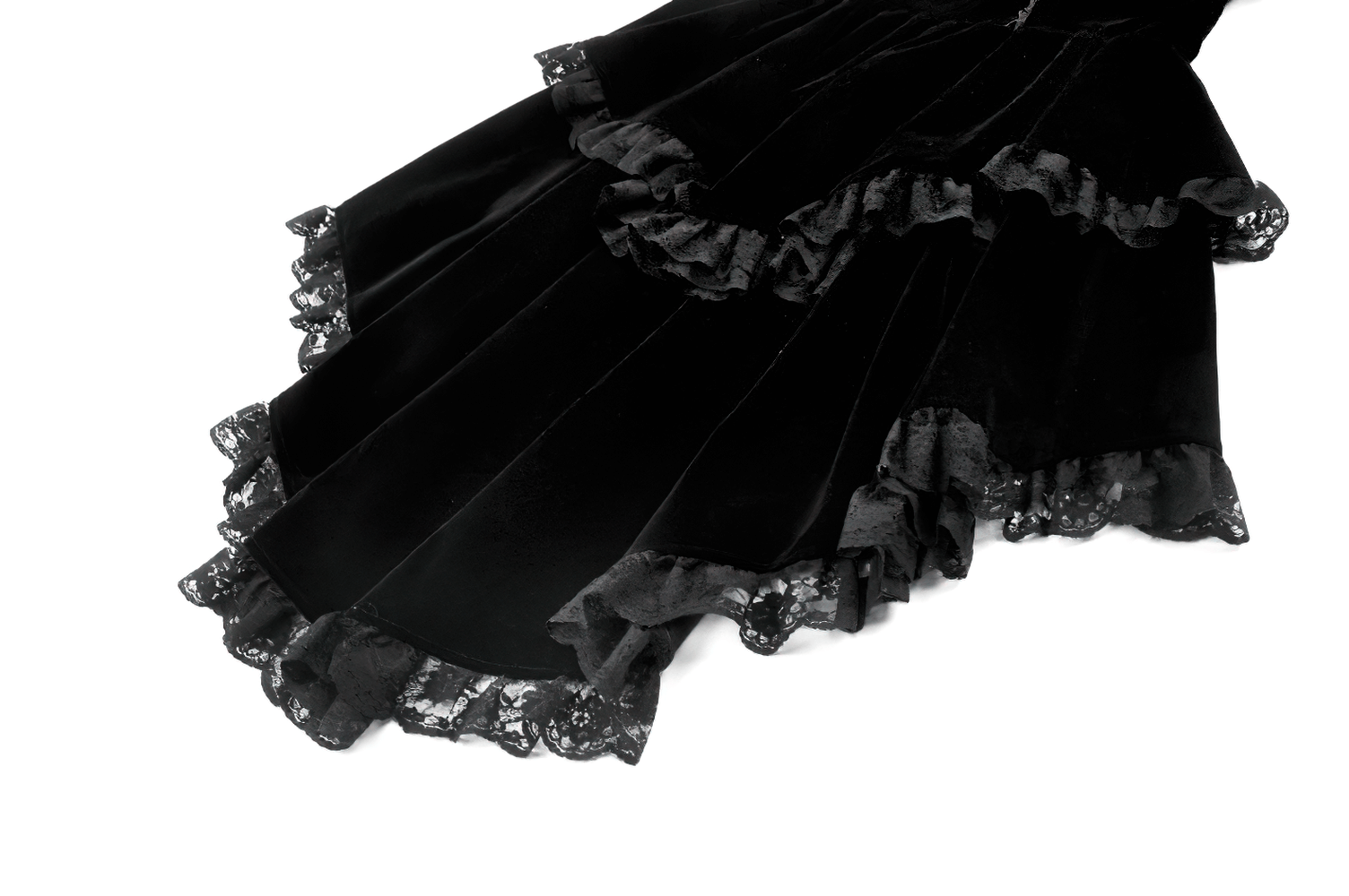 Goth Lace-Up Tiered High-Low Jacket with Bell Sleeves showcasing intricate lace details and dramatic tiered hem.