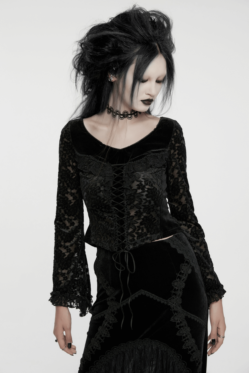 Goth Lace Velvet Top with V-Neck and Corset Lacing