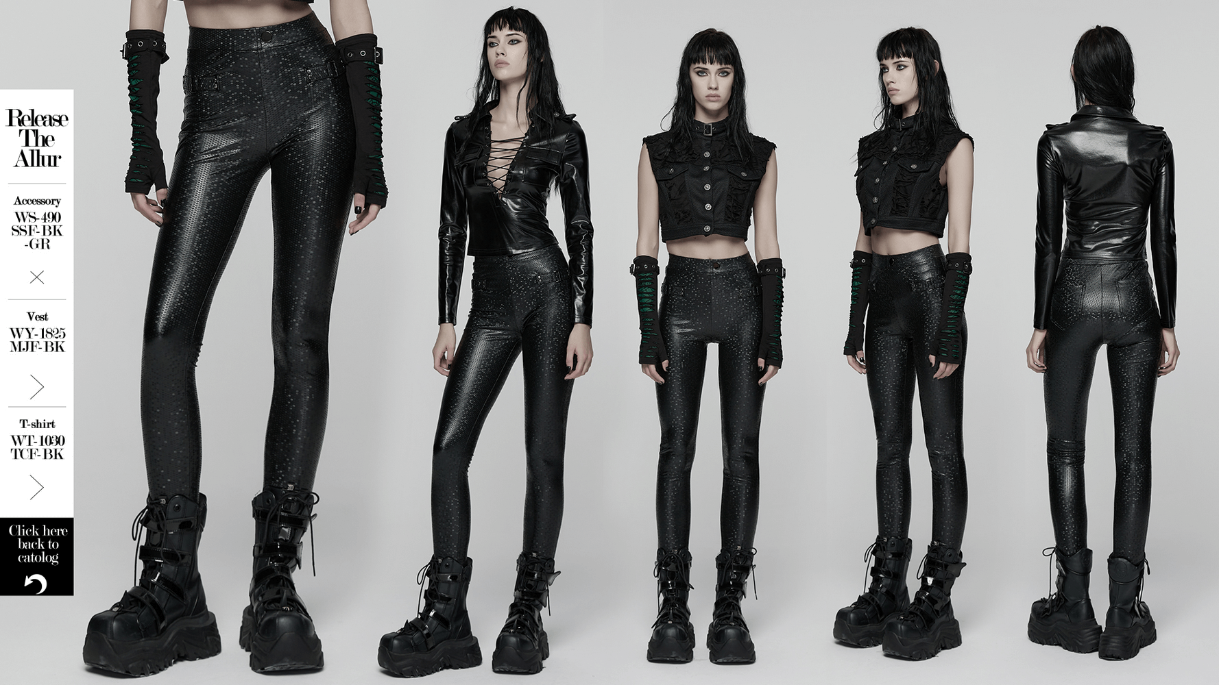 Goth Leggings with Stretch Fabric and Buckle Straps Pockets featuring a sleek form-fitting design.